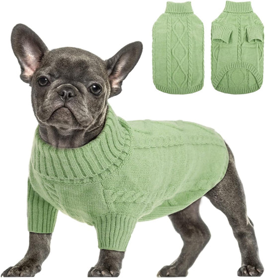 Small Dog Pullover Sweater, Cold Weather Cable Knitwear, Classic Turtleneck Thick Warm Clothes for Chihuahua, Bulldog, Dachshund, Pug, Yorkie (Green, Small)