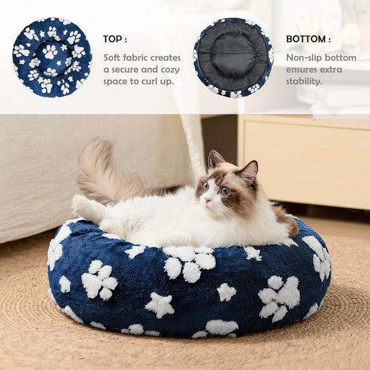Paw Print Pet Round Bed - Removable Washable Non-Slip 3D Texture Donut Bed